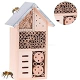 Smart-Planet Stabiles Insektenhotel Naturbelassenes Bienenhotel aus Holz - wetterfestes Insekten Hotel mit Metalldach 15x9x26cm - für Garten und Hof