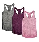 icyzone Damen Sporttop Yoga Tank Top Ringerrücken Oberteil Laufen Fitness Funktions Shirt, 3er Pack (L, Charcoal/Red Bud/Pink)