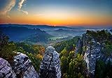 wandmotiv24 Fototapete Bastei mit Sonnenaufgang, 300 x 210 cm - selbstklebende Vliestapete 150g, Wanddeko, Wandbild, Wandtapete, Gebirge, Felsen, Wälder M5739