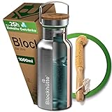 Blockhütte Premium Edelstahl Trinkflasche isoliert 1L mit Naturborsten Bürste Isolierflasche auslaufsicher Wasserflasche spülmaschinenfest für Uni, Büro BPA Frei