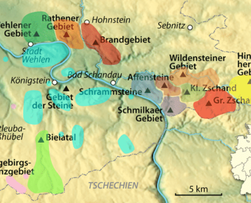 Karte der Klettergebiete der Sächsischen Schweiz.