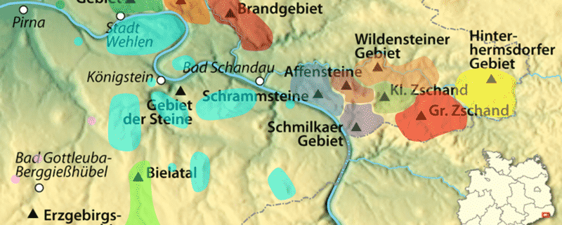 Karte der Klettergebiete der Sächsischen Schweiz.